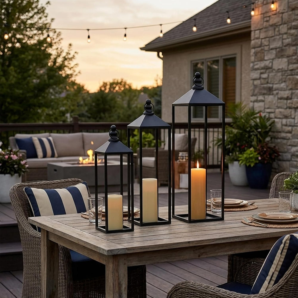 Black Floor Lanterns for Outdoor Indoor, Tall Metal Candle Lantern Set of 3
