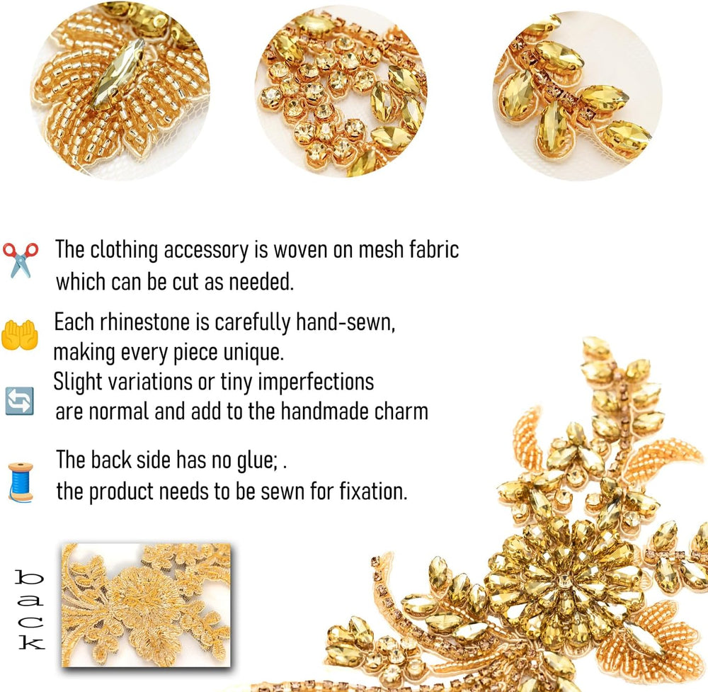 Pair Handmade Shining Crystals Rhinestones DIY Clothing Applique Patches, Sew...