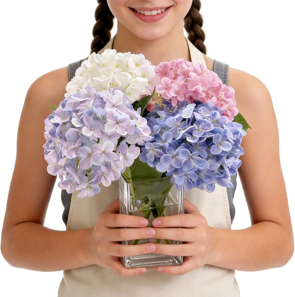 Hydrangea Artificial Flowers with Glass Vase, Real Touch Bouquet