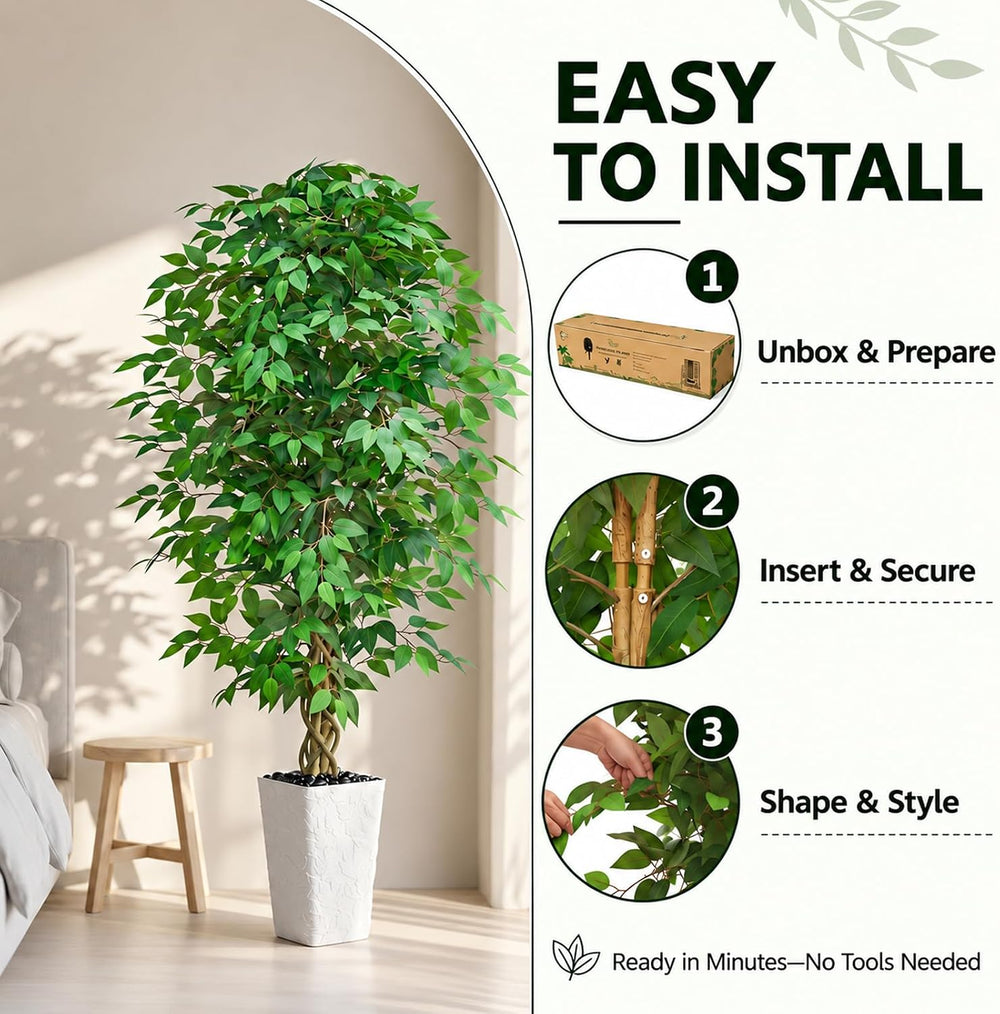 Artificial Ficus Tree 6FT, Large Fake Tree for Home Decor (White Planter)