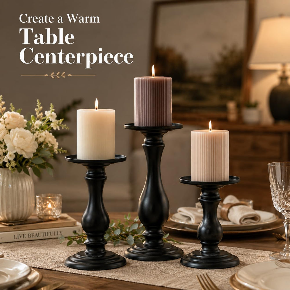 Matte Black Pillar Candle Holders Set of 3-10", 8", 6”H Candlestick...