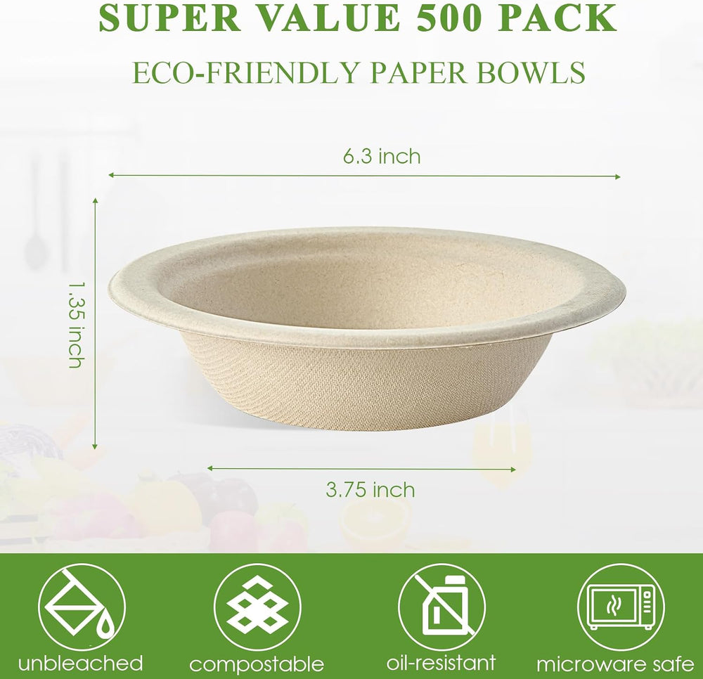 Vplus 500 Pack 12 OZ Compostable Paper Bowls, Bagasse Bowls Bulk,Nature