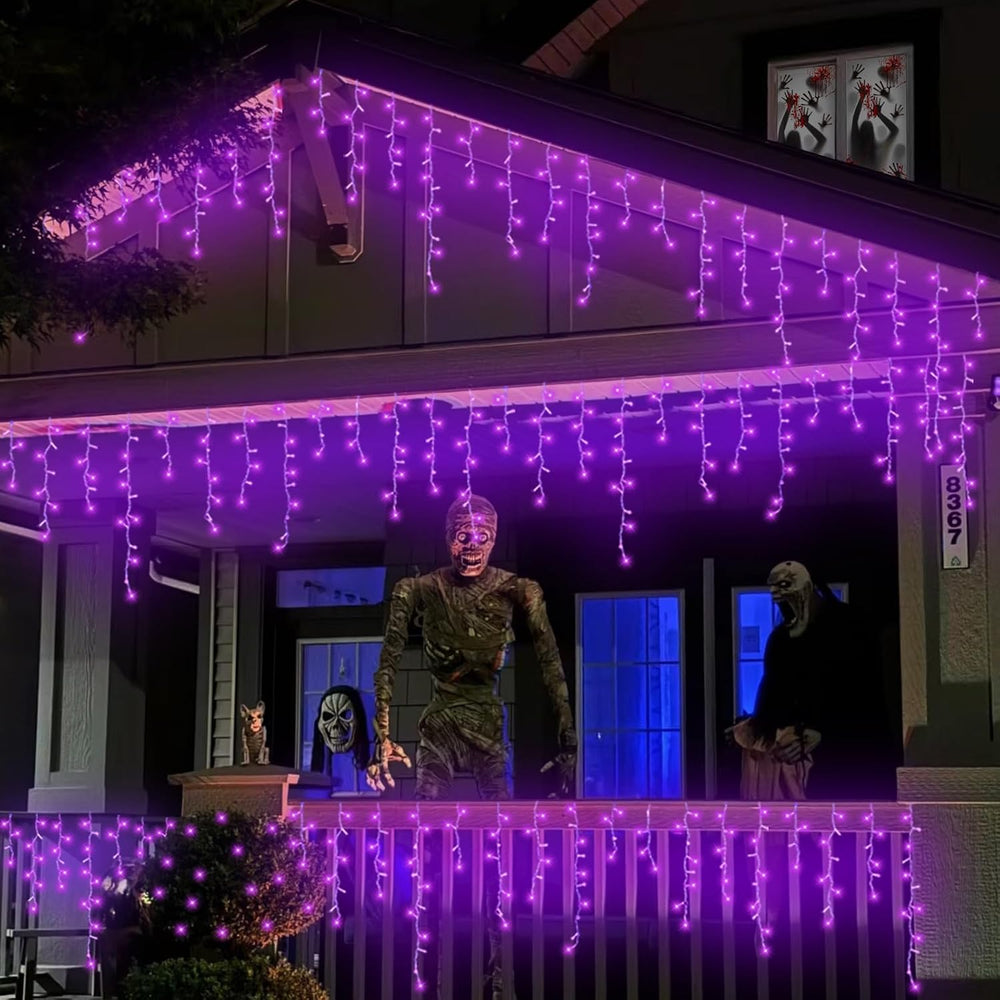 QITONG Purple Halloween Lights, 33ft 400 LED Icicle Lights for Outside Plug i...