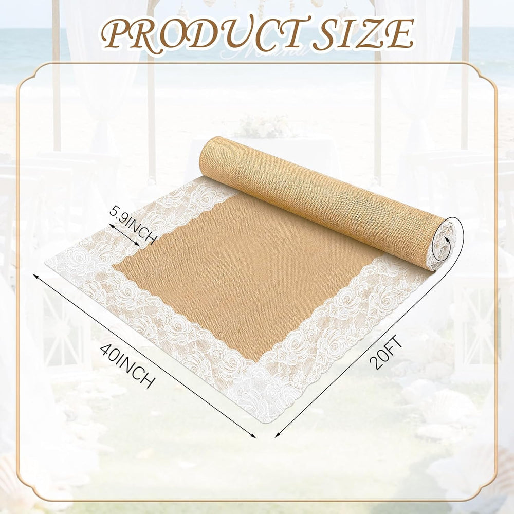 20 Ft x 40 Inch Natural Burlap Wedding Aisle Runner with Lace