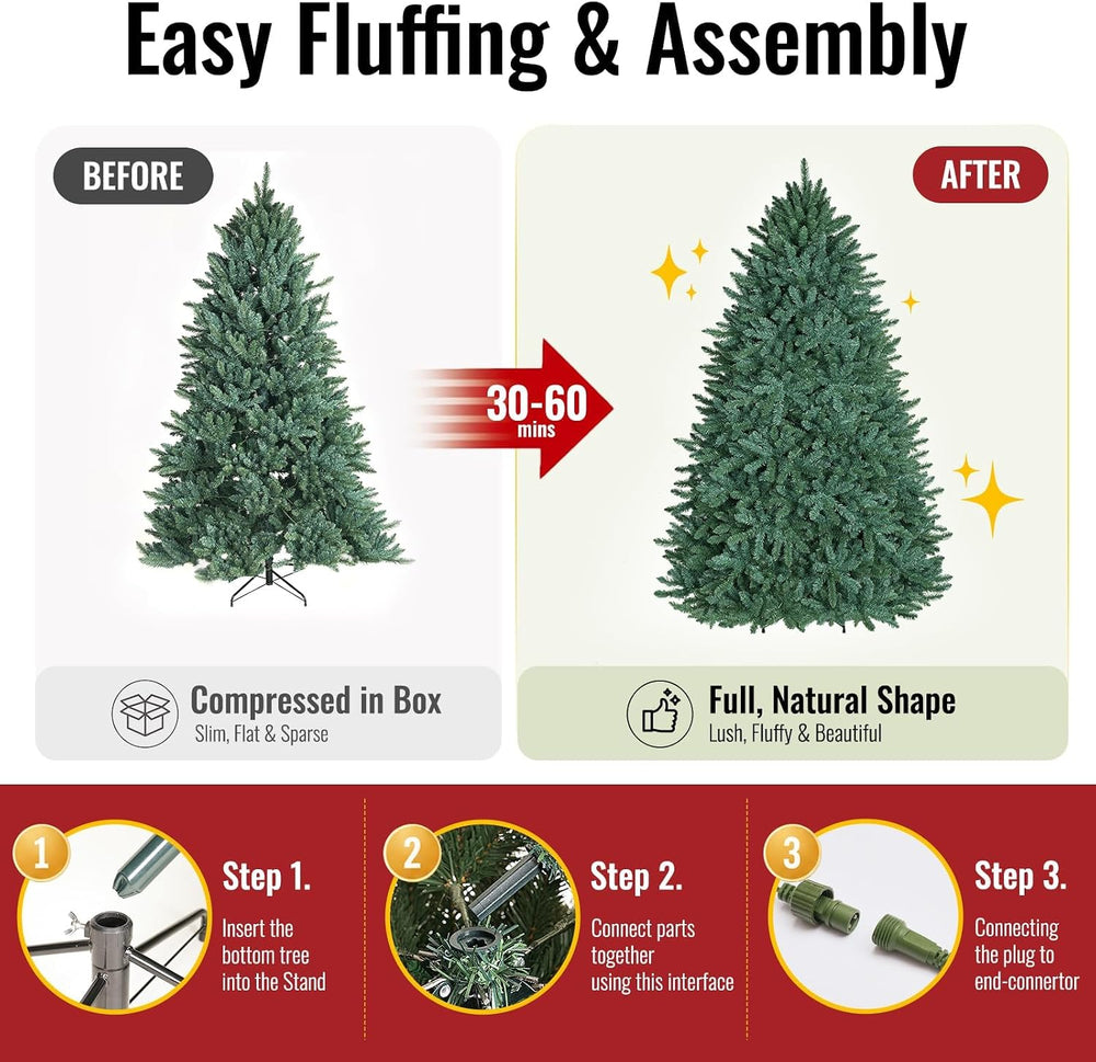 OasisCraft 7.5ft Blue Spruce Artificial Christmas Tree, Premium Hinged with S...