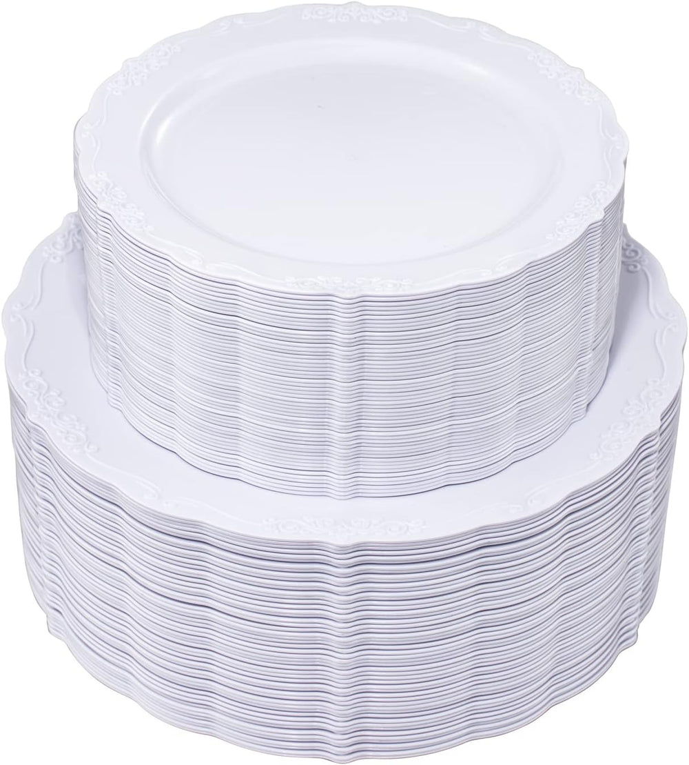 U-QE 100 Pcs White Plastic Plates, White Plates Disposable for Party