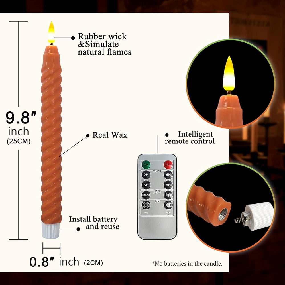 Pumpkin LED Flameless Spiral Taper Candles, 9.8", Real Wax, Fall Decor