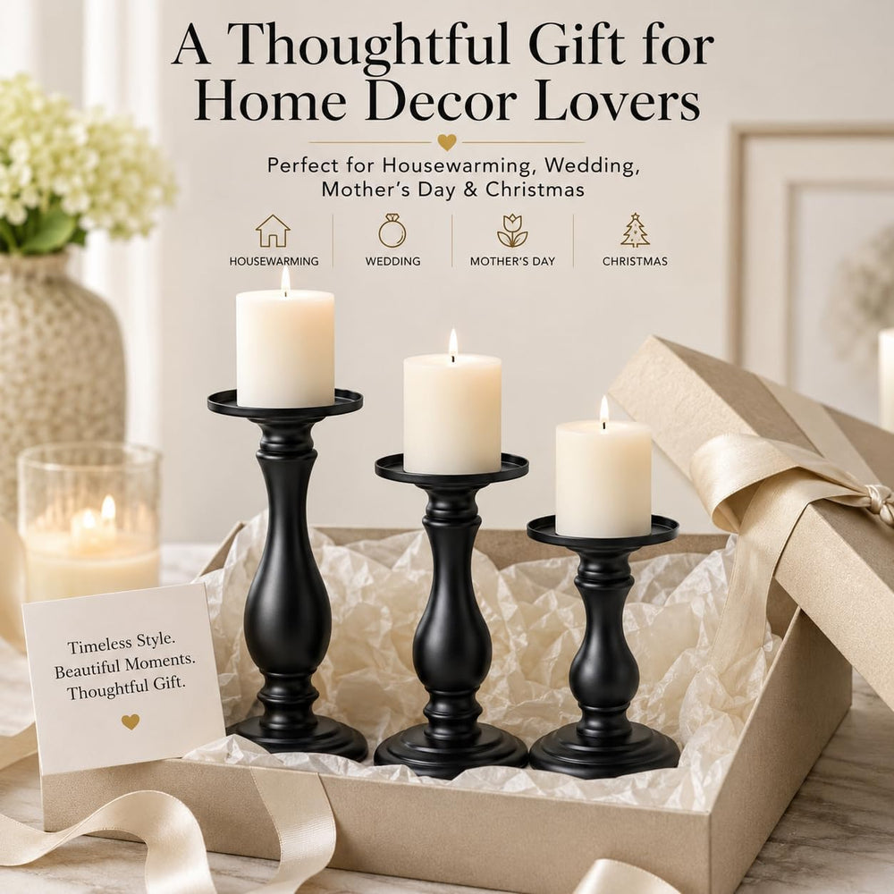 Matte Black Pillar Candle Holders Set of 3-10", 8", 6”H Candlestick...