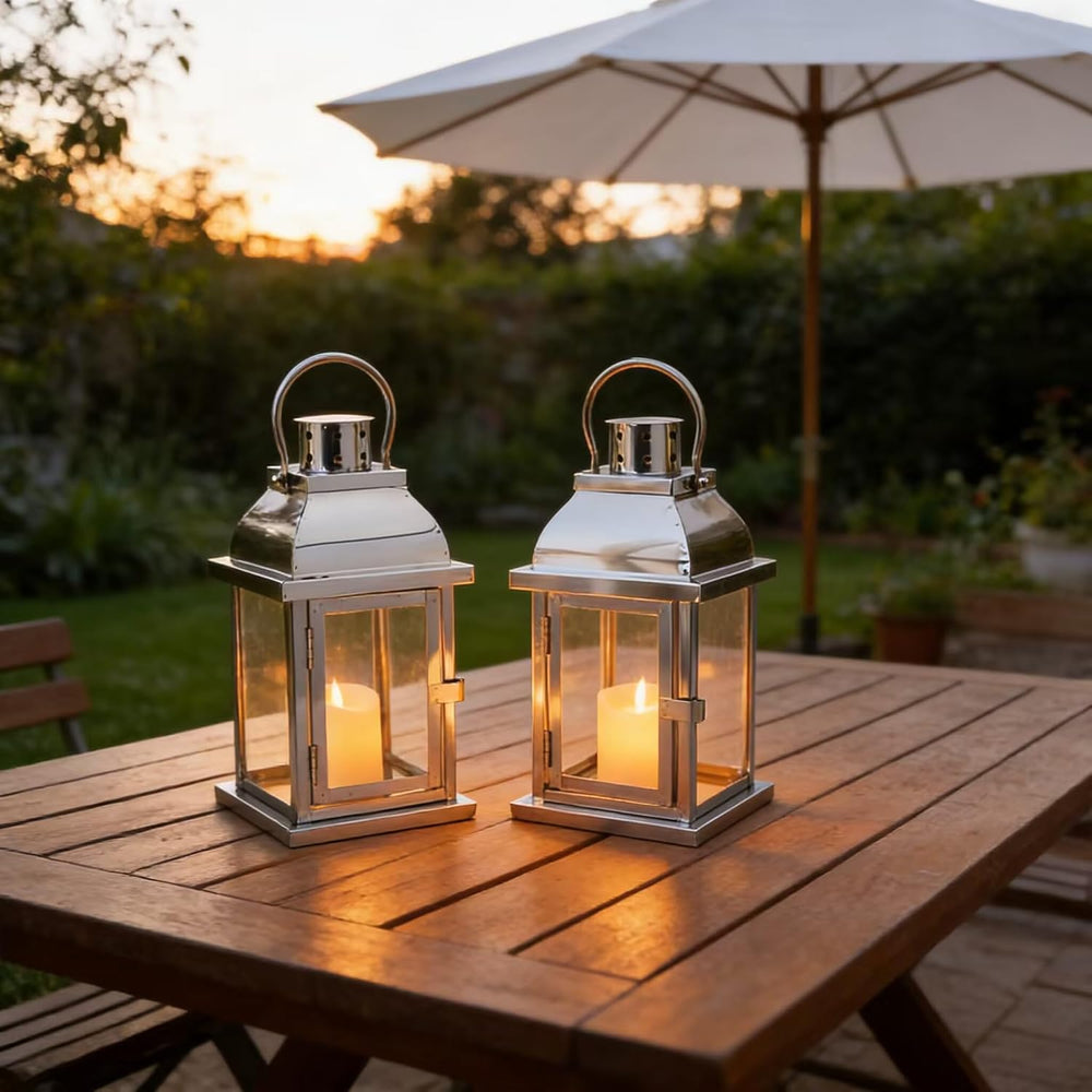 Set of 2 Decorative Metal Candle Lantern 10'' High(Silver)