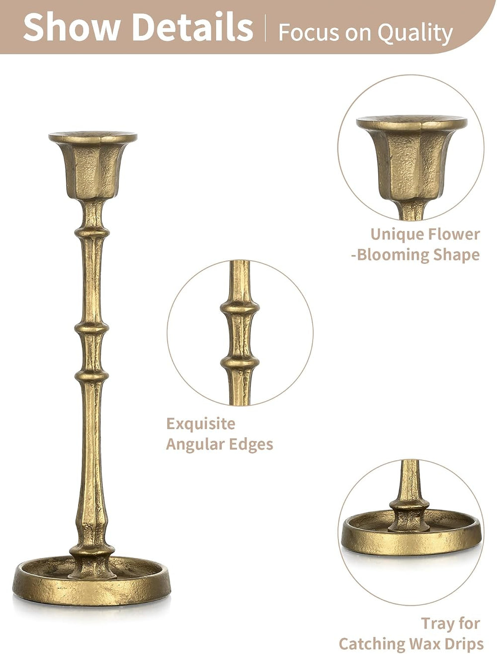 NUPTIO Cast Iron Taper Candle Holders, Set of 3 Antique Brass Candlesticks