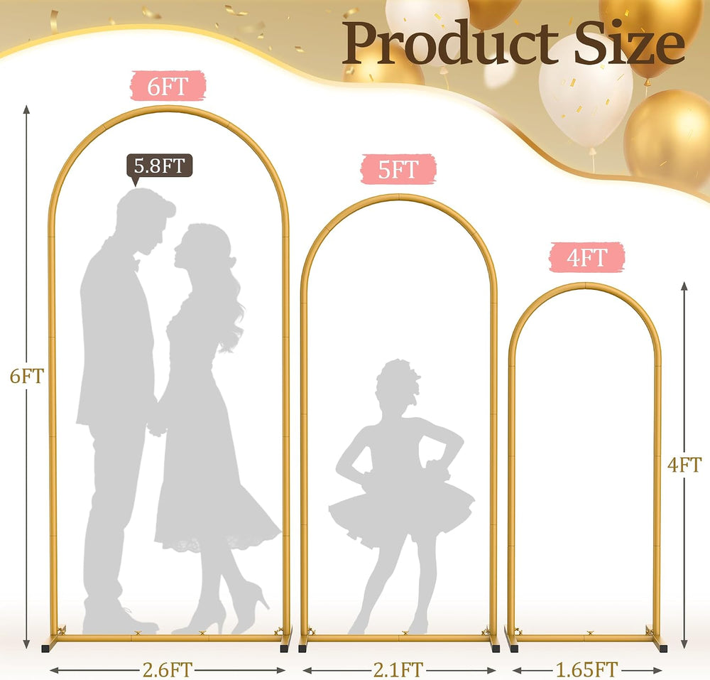 Metal Arch Backdrop Stand 3 Set (6FT+5FT+4FT), Gold Wedding Arch Frame