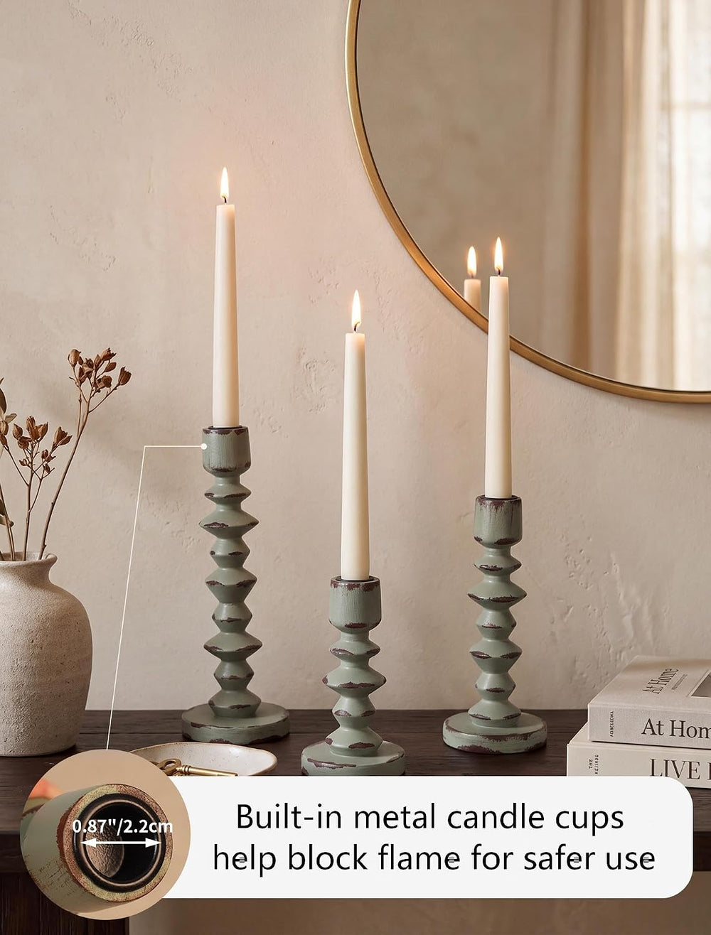 NUPTIO Wood Vintage Candlestick Holders: Set of 3 Rustic Green for Tapers