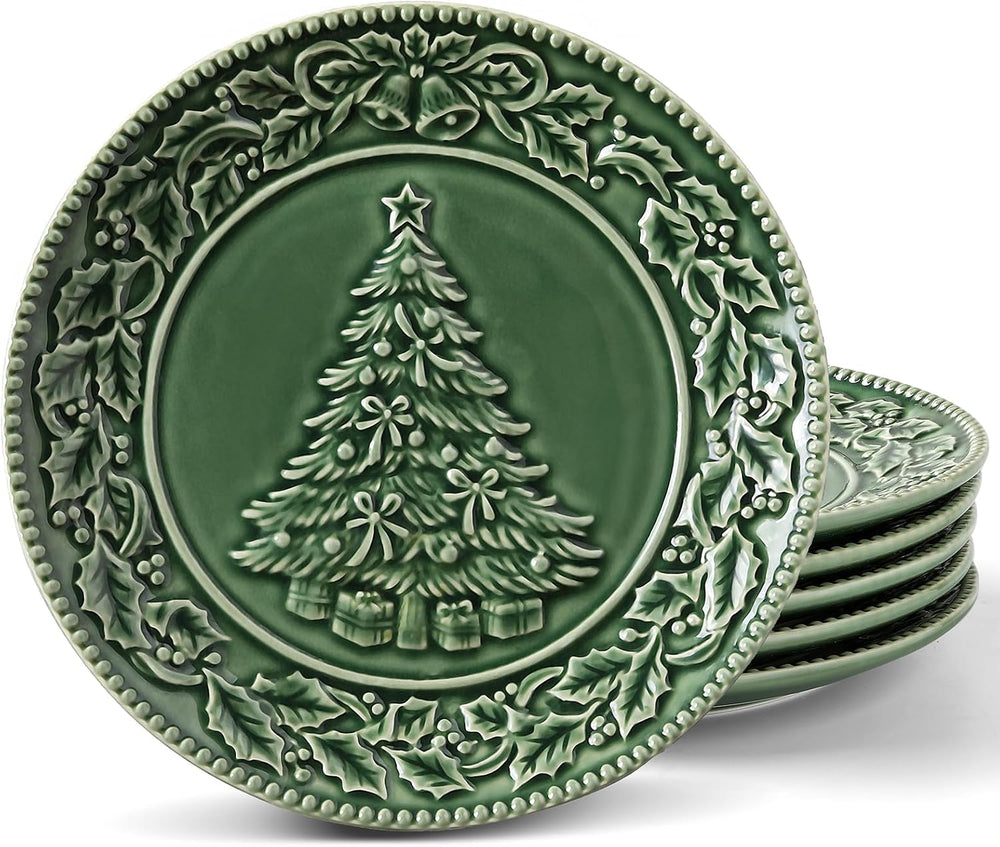 Christmas Tree Salad Plates, 8 Inch Ceramic Plate Set of 6