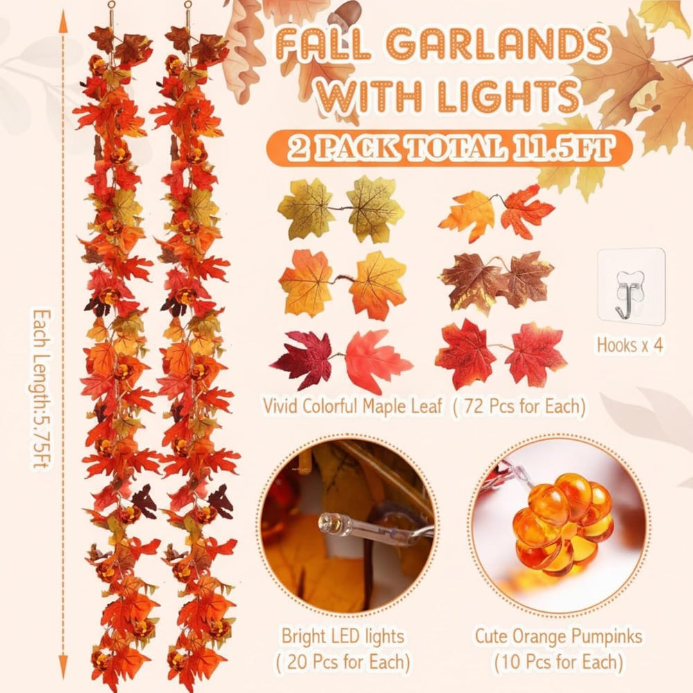 2 Pack Fall Maple Leaves Thanksgiving Garland 11.5ft, Colorful