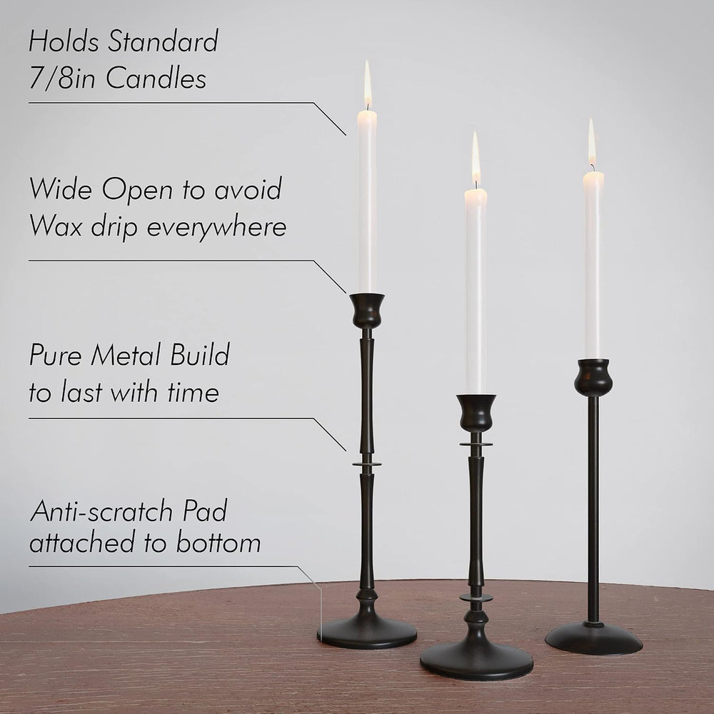 Matte Black Taper Candlestick Holders Set of 3 - Metal Candle Stick Holders
