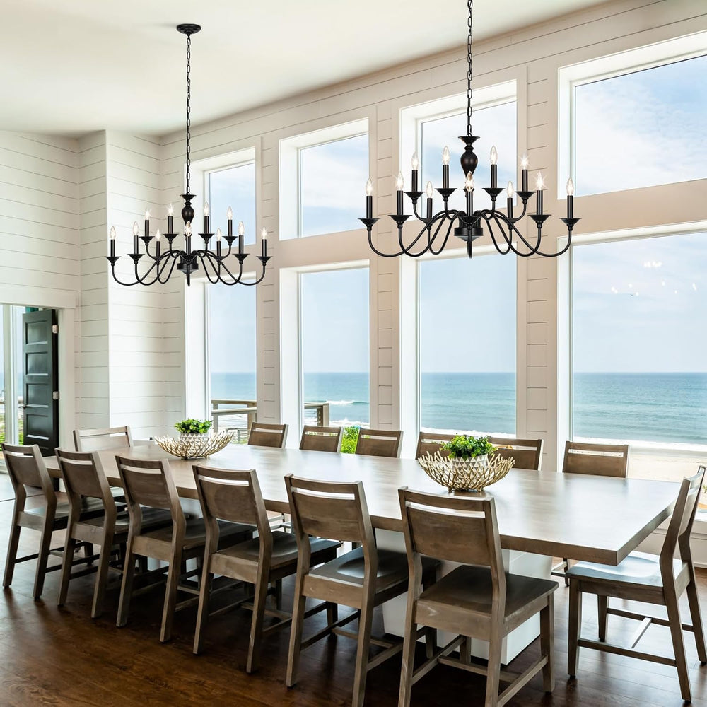 12-Light Black Farmhouse Chandeliers for Dining Room Light Fixture 37"