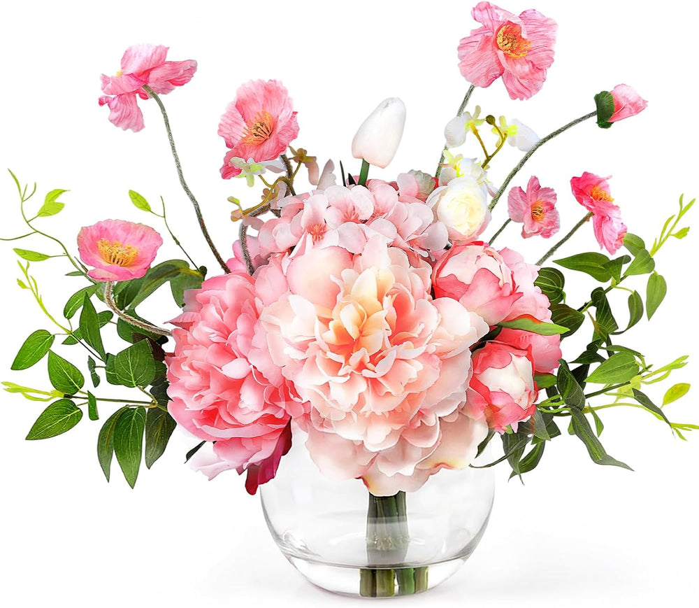 Peonies Artificial Flowers in Vase, Pink Artificial Flowers with Faux Water, ...