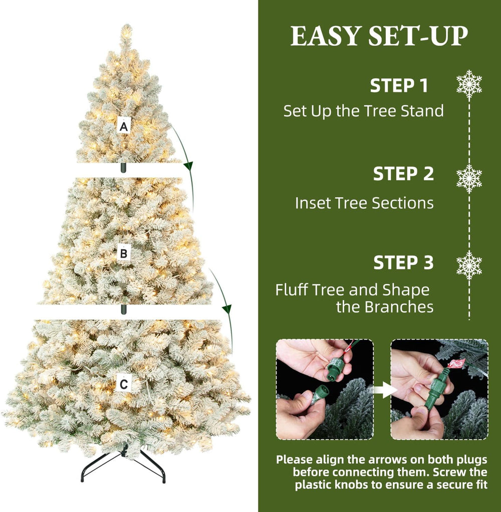 7FT Flocked Prelit Artificial Hinged Christmas Tree