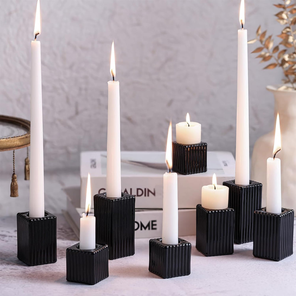 LETINE 12pcs Black Vertical Stripe Glass Candlestick Holders - Chic Taper Can...