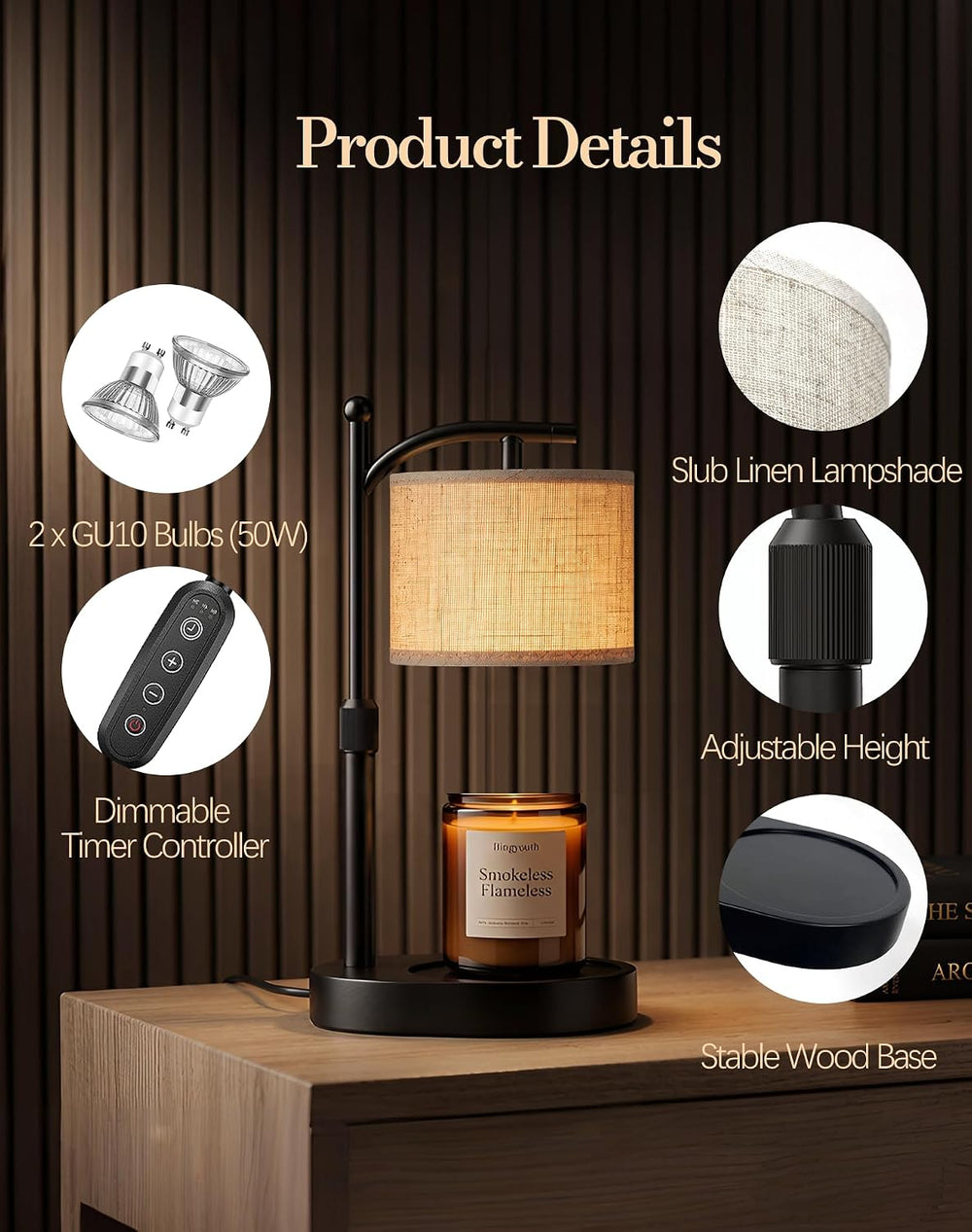 Adjustable Height Candle Warmer Lamp with Timer & Dimmer with 2 Bulbs