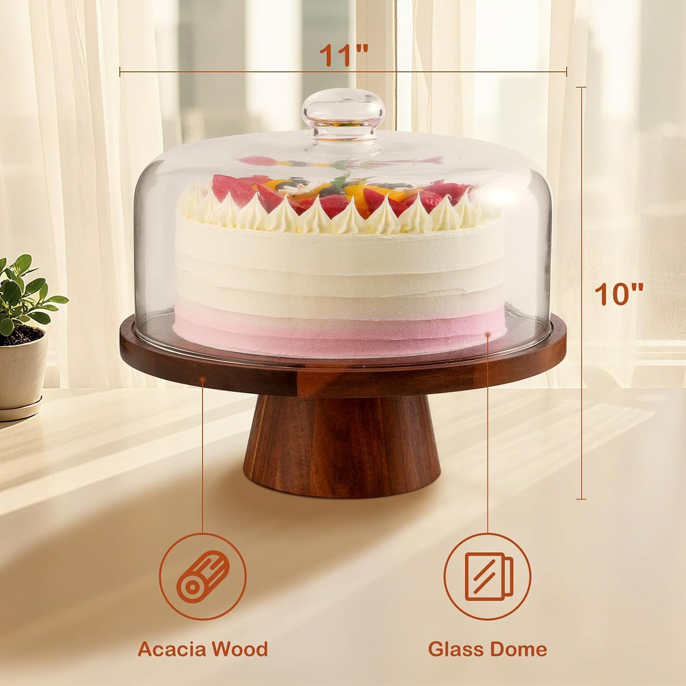 Acacia Wood Cake Stand with Glass Lid–12" Magnetic Base for Parties&...