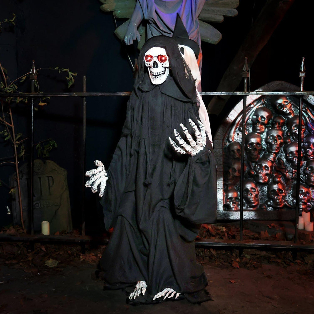 Haunted Hill Farm 3.9-Ft. Sitting Reaper w/Hide and Seek Ghost Animatronic