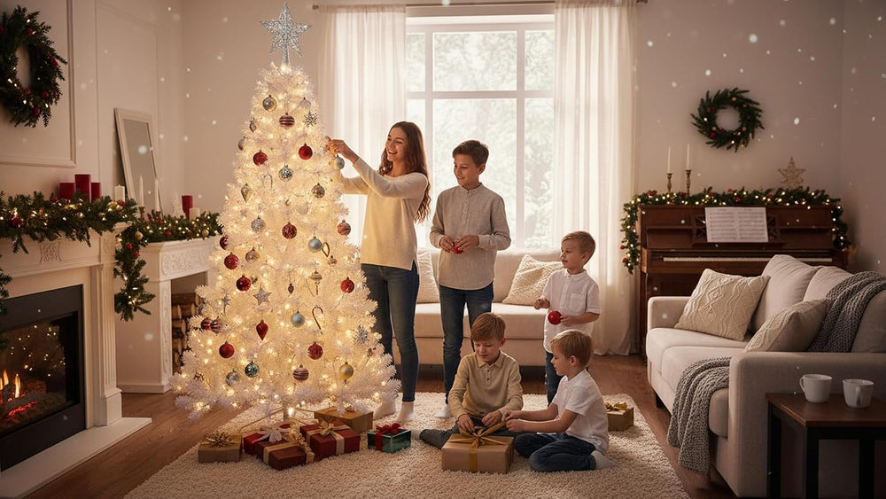 KTKDE 7.5FT White Christmas Tree, Artificial Holiday Christmas Tree with 1450...