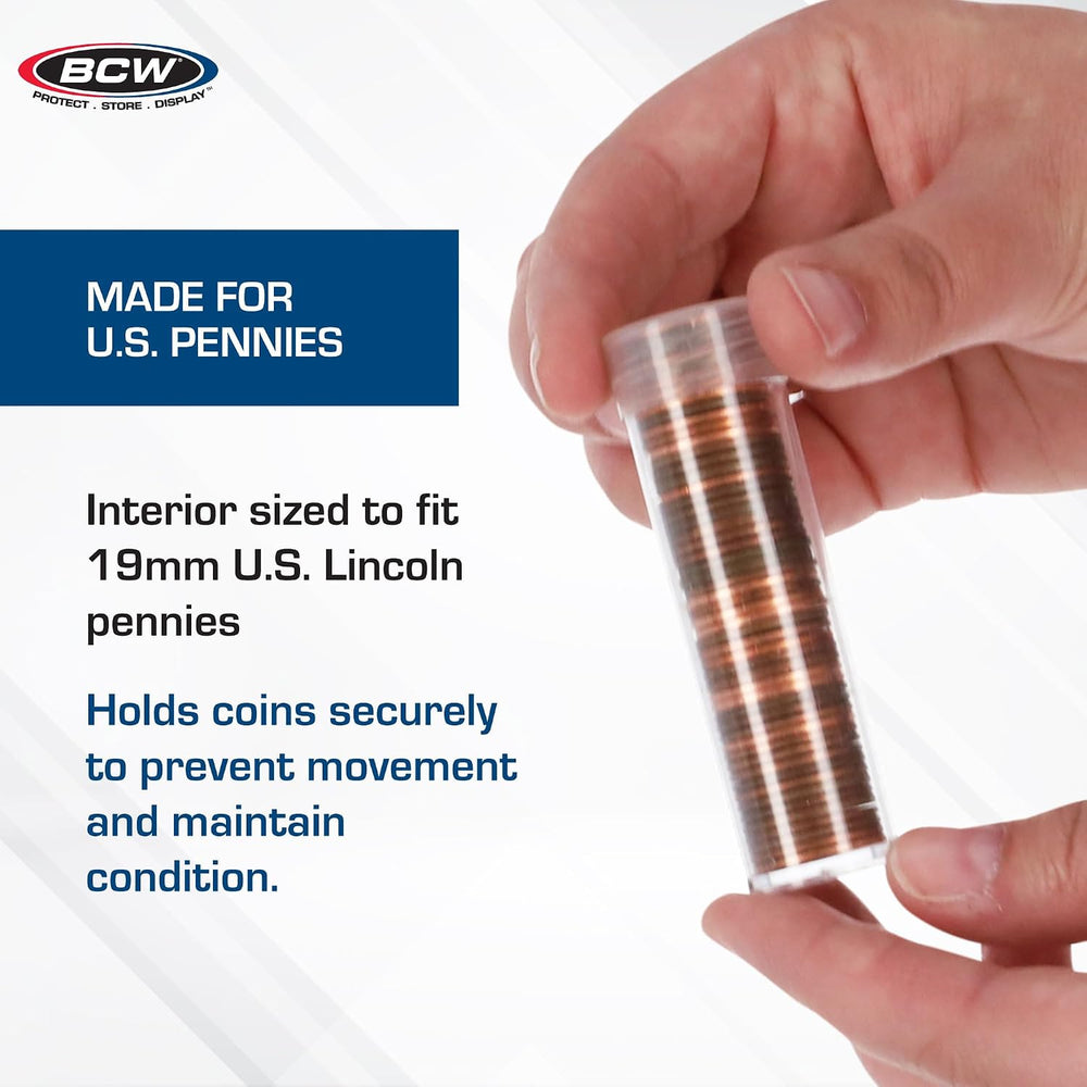 BCW Penny Coin Tubes for US Lincoln Pennies, Airtight Screw Caps, 100 Pack