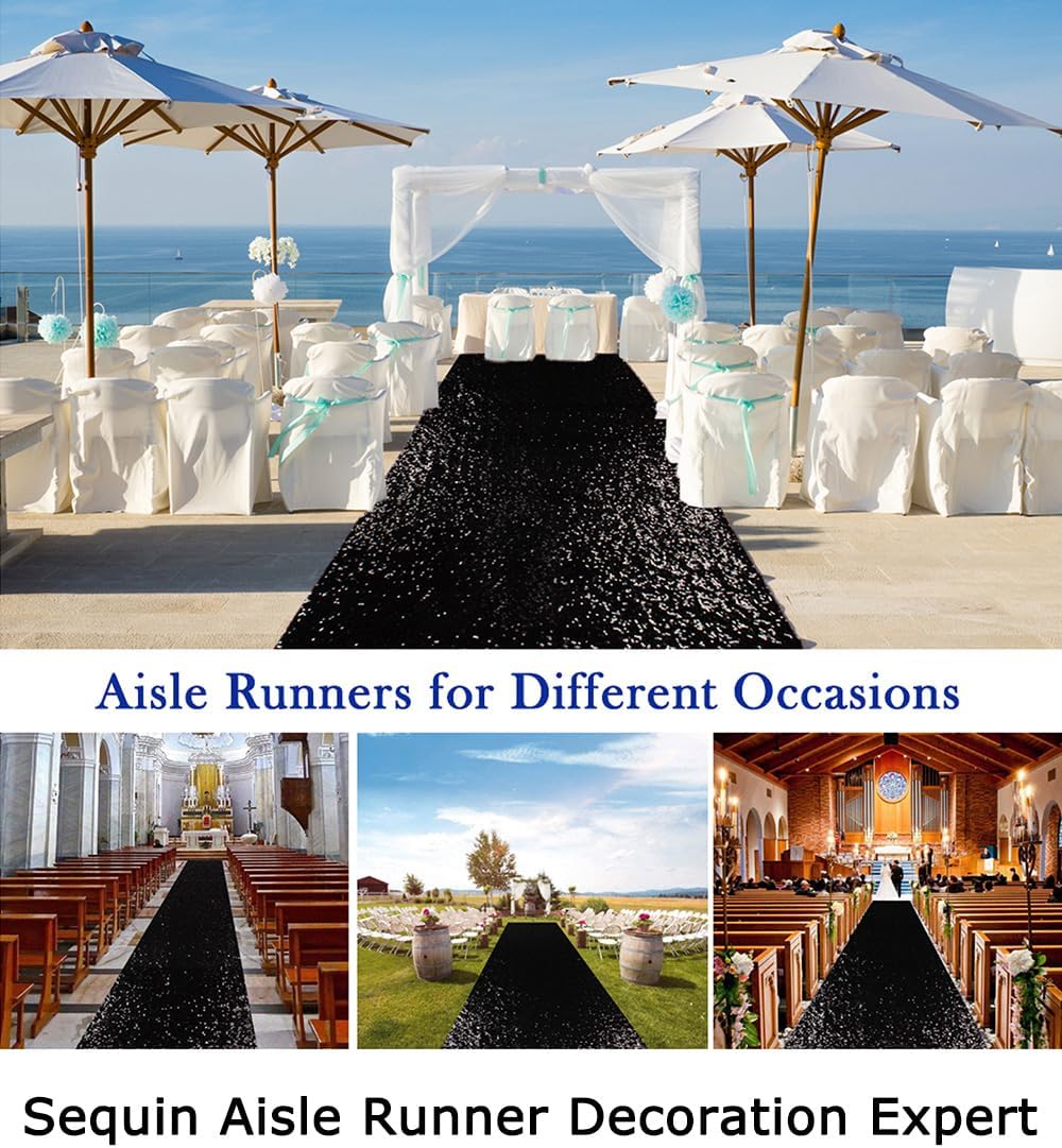 ShinyBeauty Sparkling Sequin Aisle Runner 4FTx20FT - Black Glitter Wedding Ca...