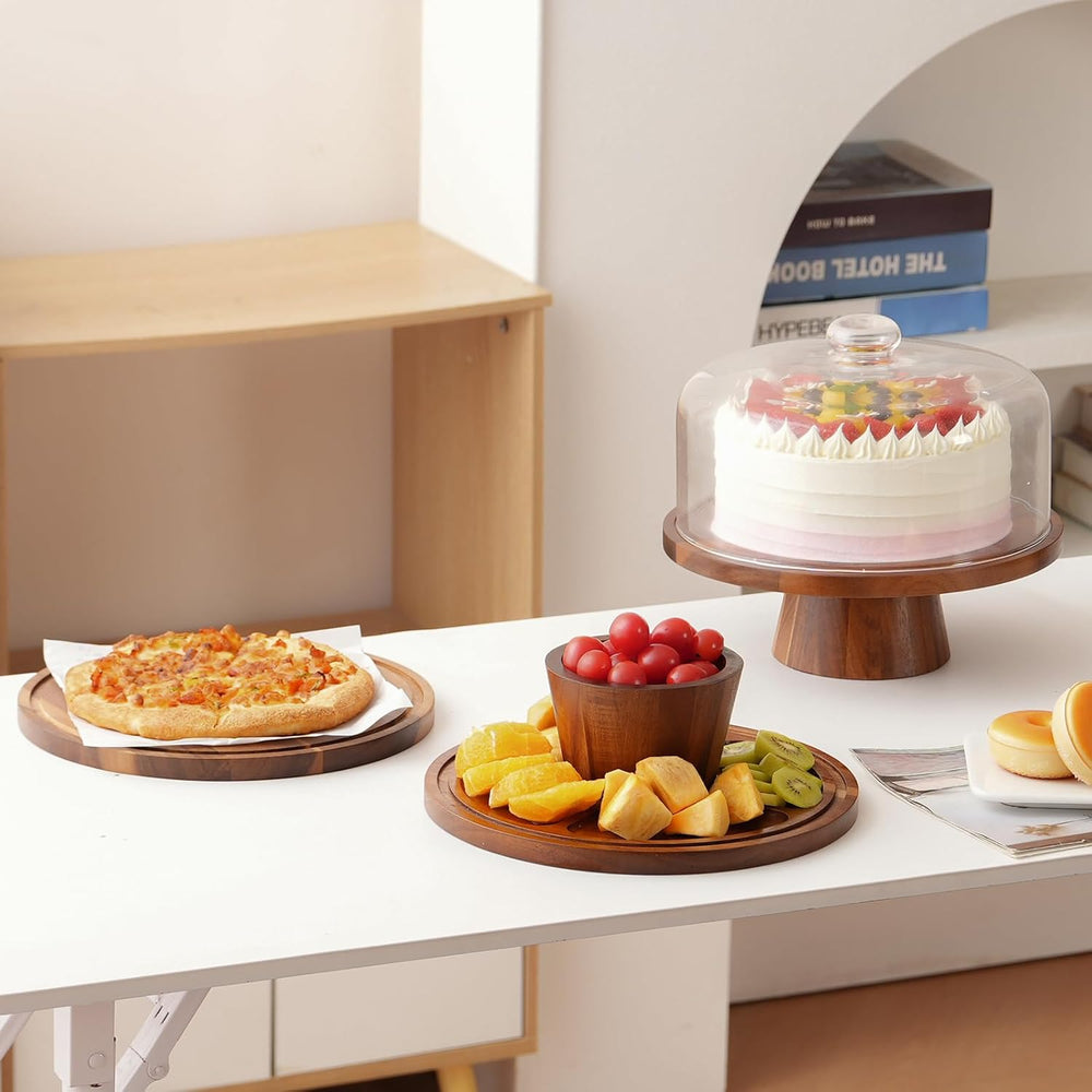 Acacia Wood Cake Stand with Glass Lid–12" Magnetic Base for Parties&...