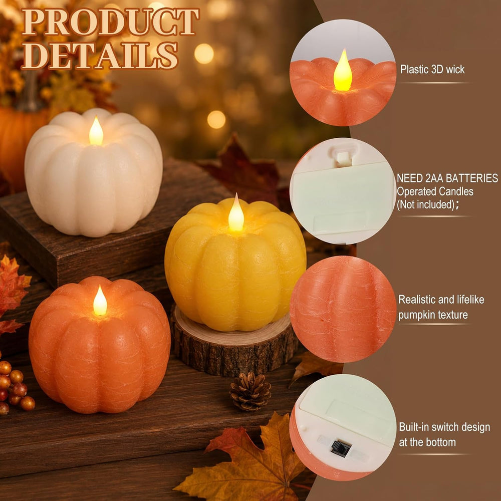 3 Pack Flameless Pumpkin Candles Real Wax Flickering LED Remote Timer