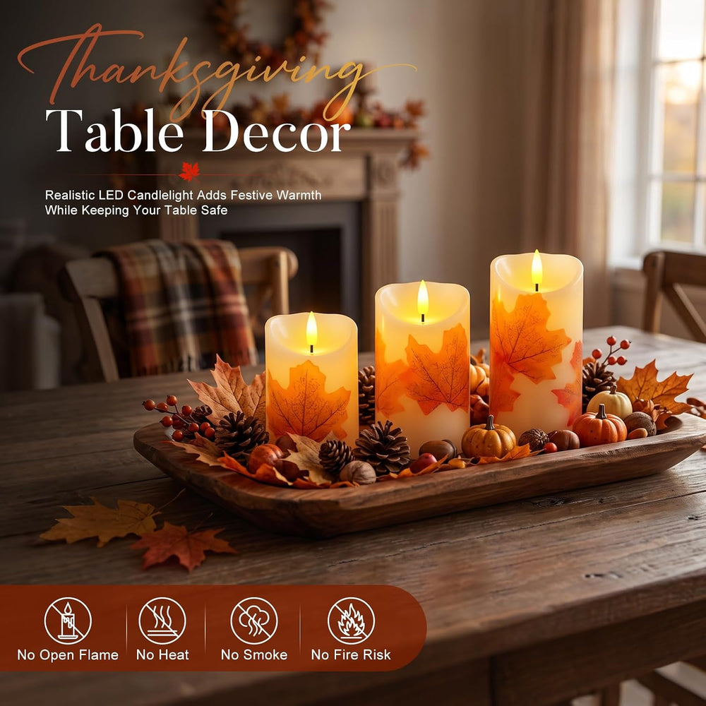 Raycare Maple Leaf Real Wax Flameless LED Pillar Candles with Timer Remote