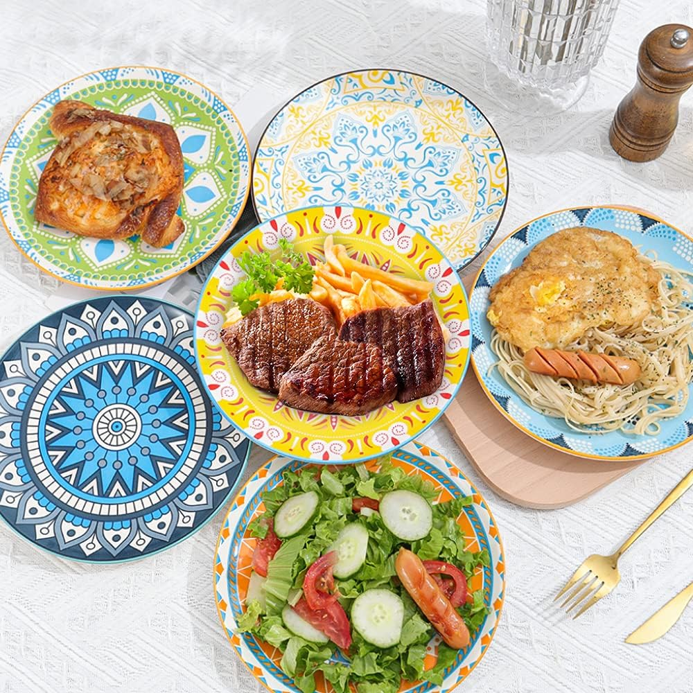Dessert Plate Set of 6-8 Inch Ceramic Salad and Appetizer Plates - Vibrant Mi...