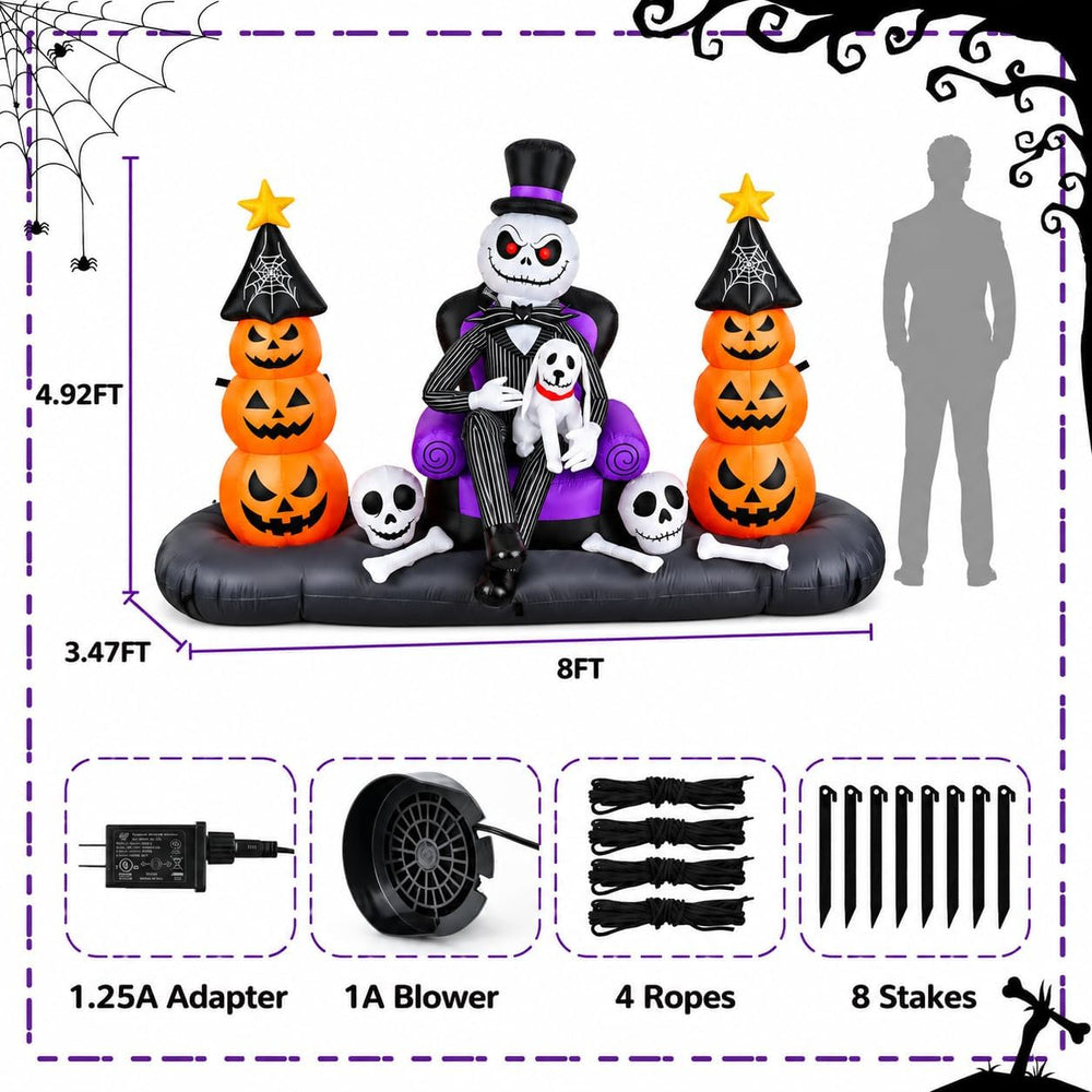 8FT Halloween Inflatables Outdoor Decorations, LED Lighted Inflatable Skeleto...
