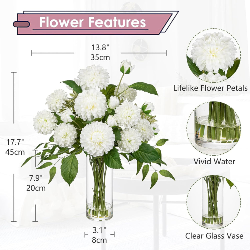 Hollyone White Fake Flowers in Vase Dahlia Artificial Flowers in Glass Vase w...