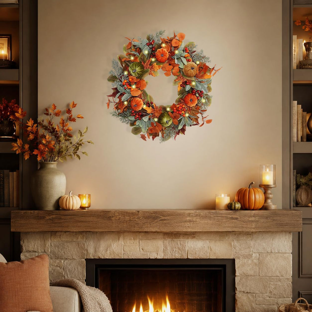 20 Inch Pre-Lit Pumpkin Fall Wreath for Front Door, 30 White LEDs