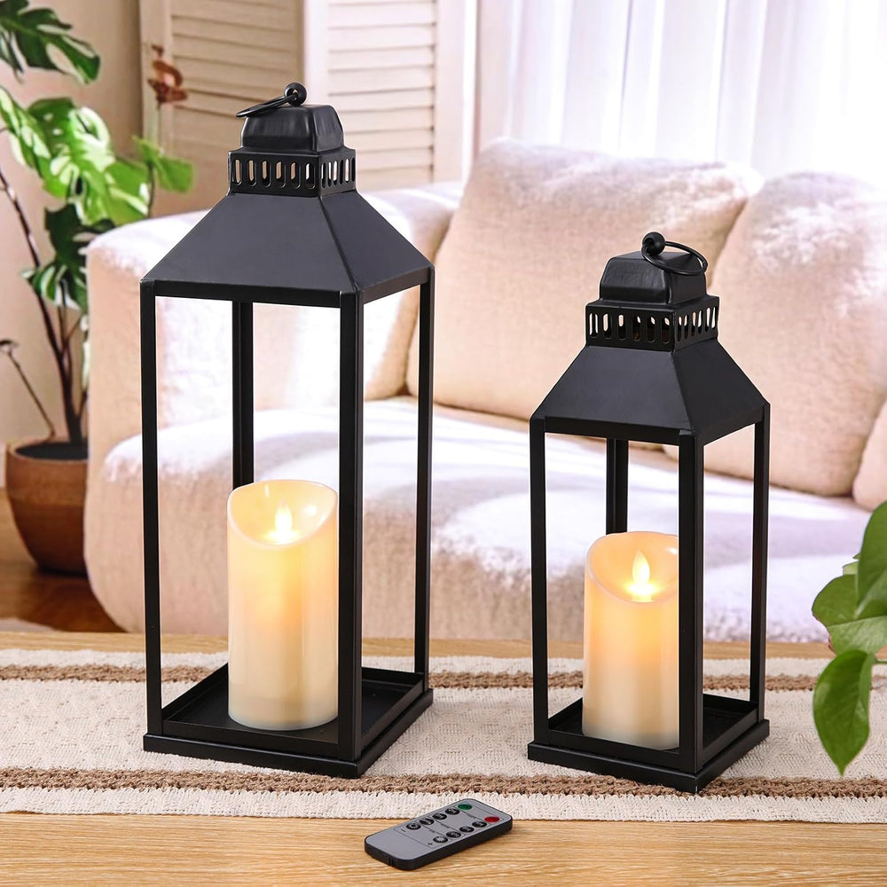 Decorative Lanterns Indoor Outdoor, 2Pcs 17" 13" Black Lantern with...