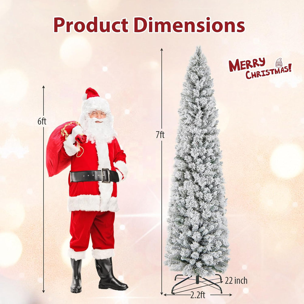 Goplus 7ft Pre-Lit Snow Flocked Pencil Christmas Tree, Artificial Slim Xmas T...