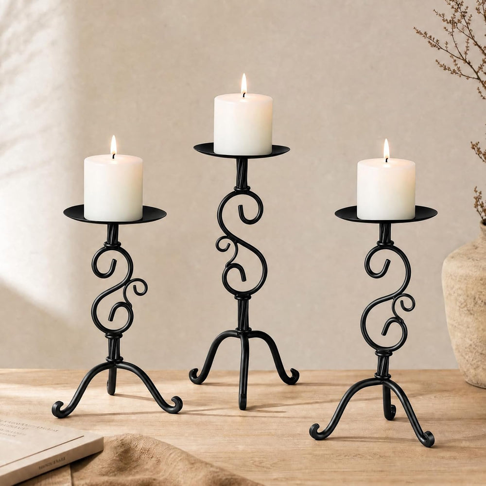 3 Pcs Black Iron Candlestick Holders 11.8,9.8,6.3 Inch, Classic