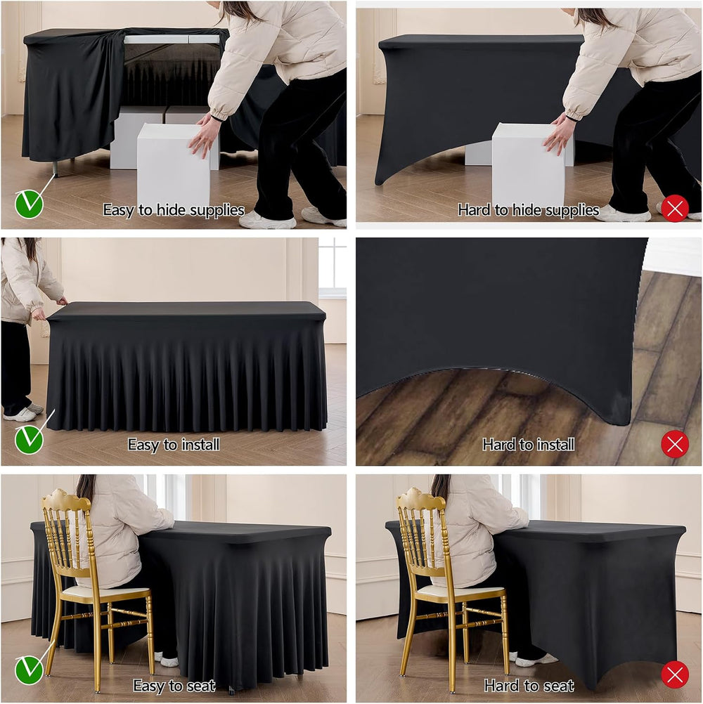 Spandex Tablecloth 6FT Rectangle Table Cover 6 Pack Black Wrinkle-Free