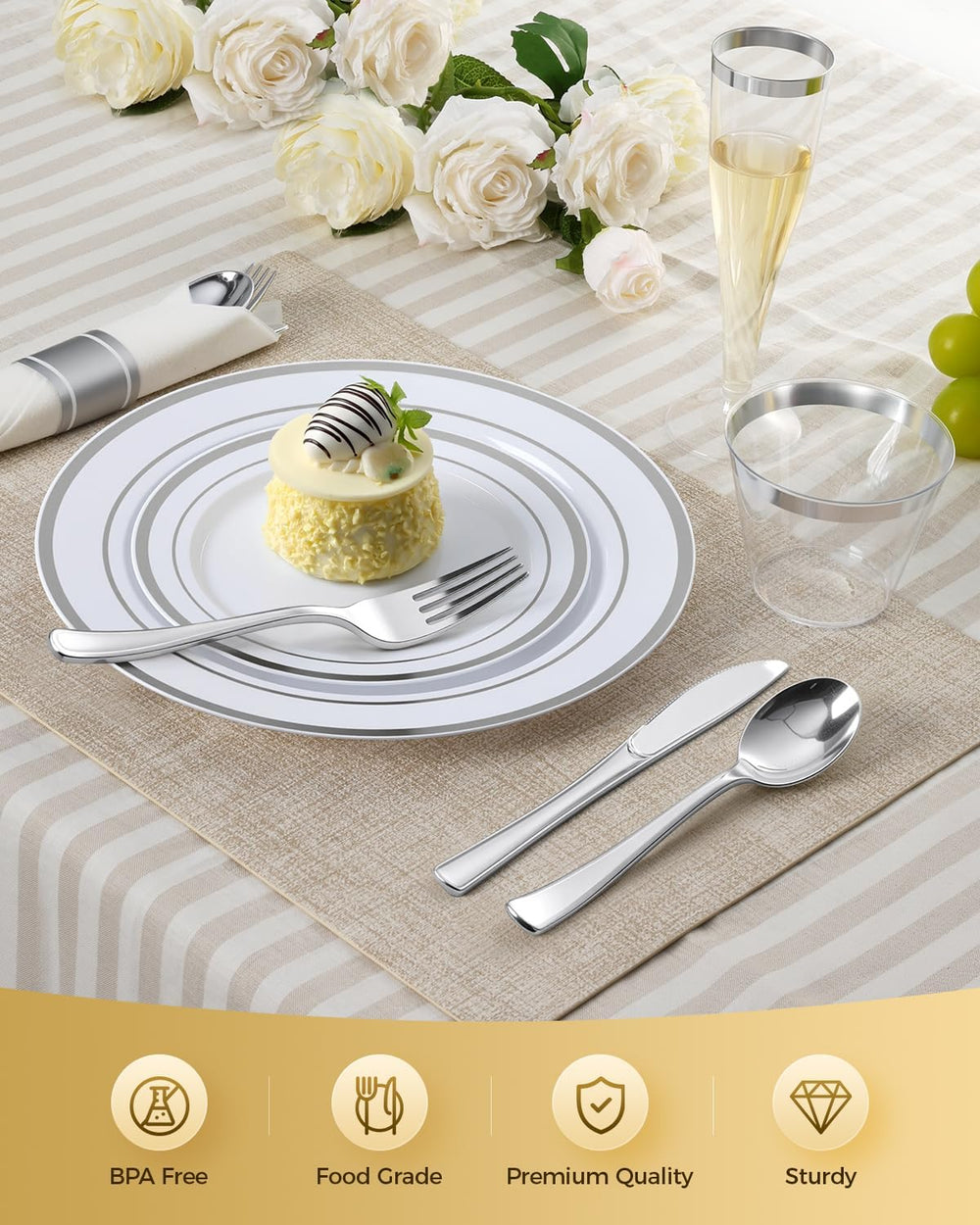 320 PCS Disposable Silver White Plastic Dinner Plate for 40 Guests