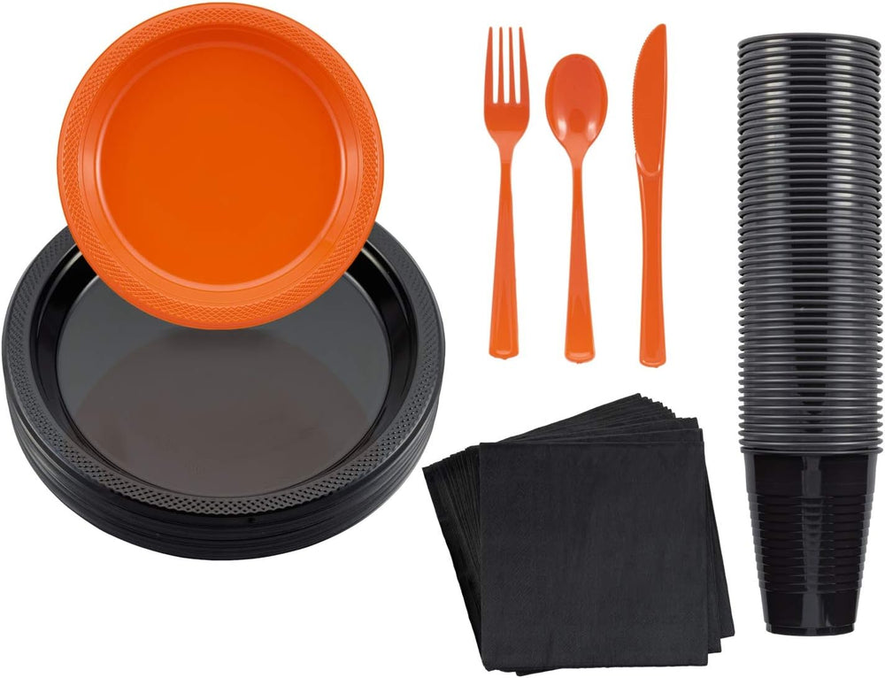 Exquisite 350 Pcs Orange & Black Plates & Napkins Party Plate Set