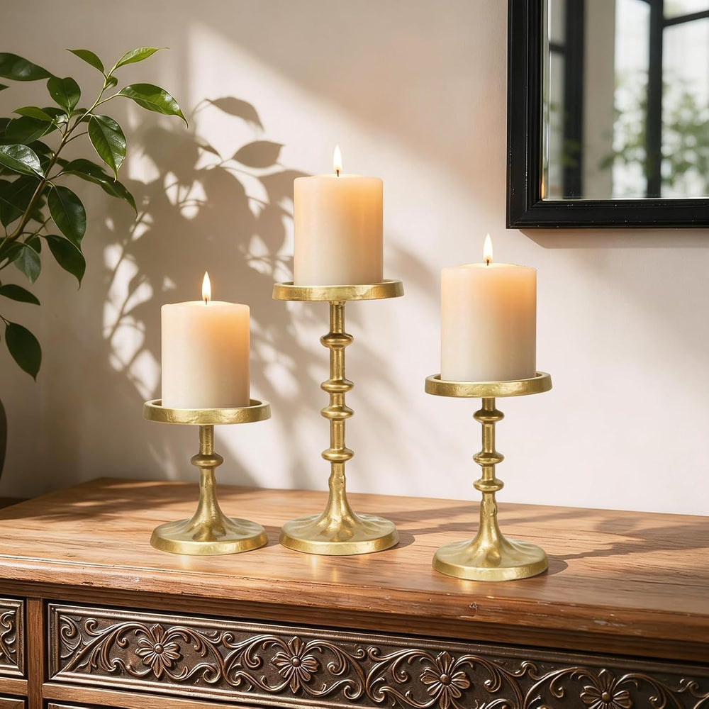 Iron Pillar Gold Candle Holder Set of 3, Heavy Duty Antique Candle Stand