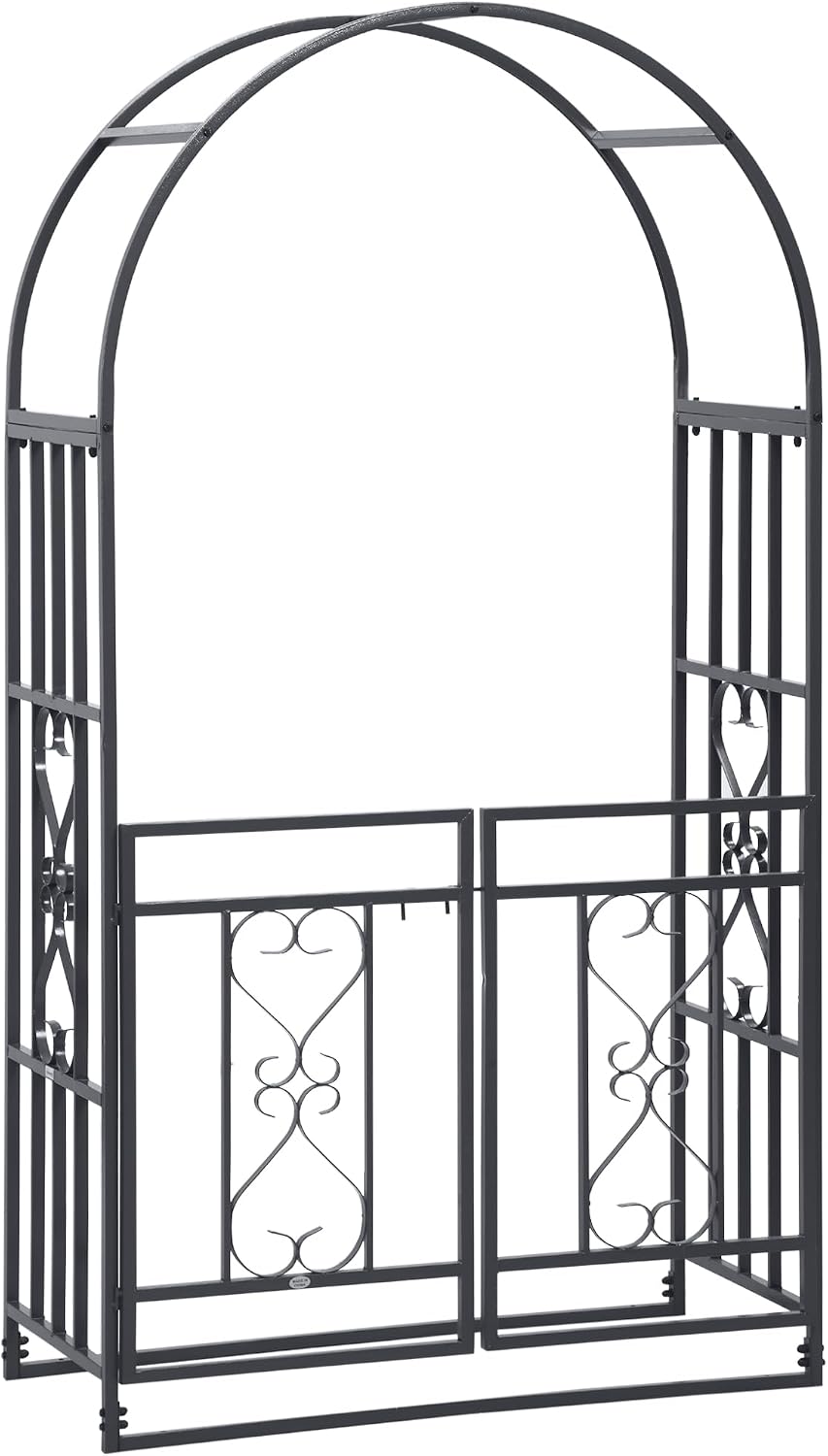 Outsunny 81" Metal Garden Arbor with Double Doors Locking Gate Arch Grey