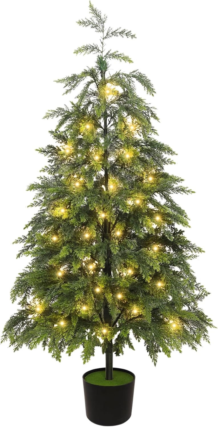 Cllayees 4FT Cedar Christmas Tree with Lights Artificial Potted Tree