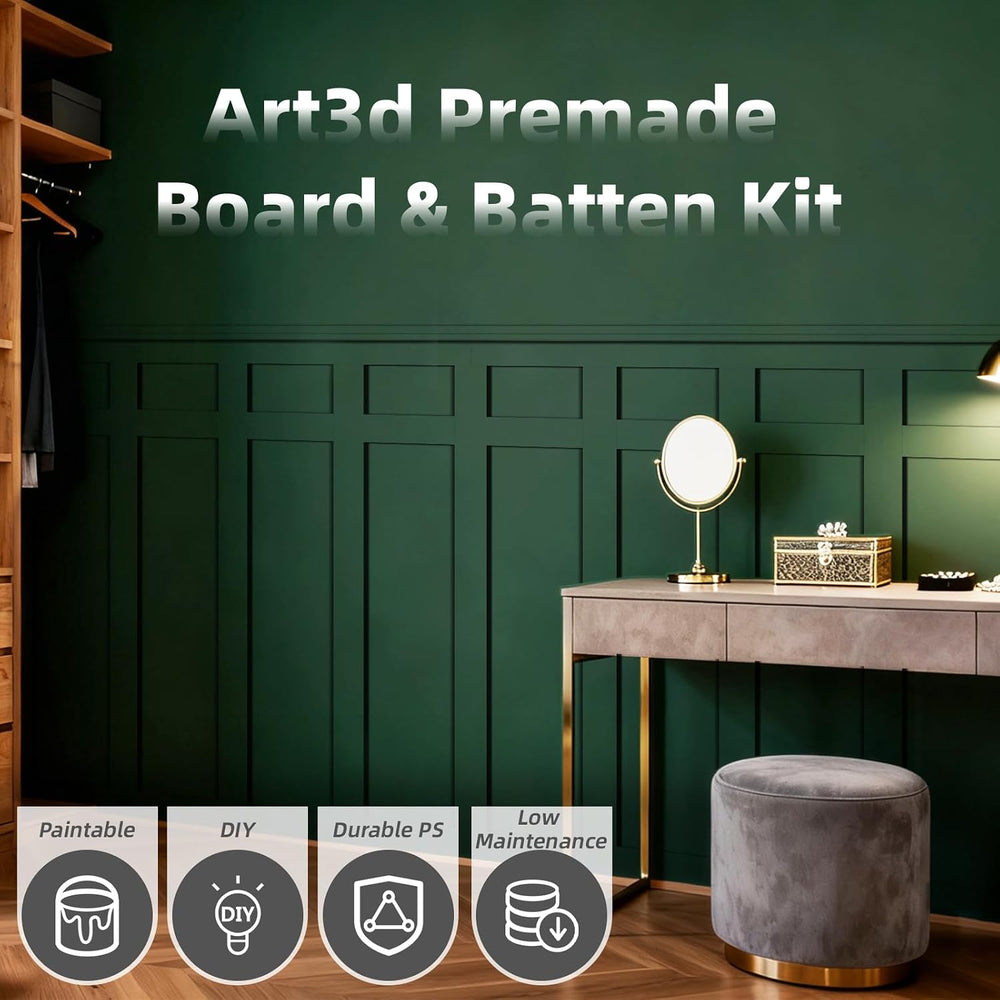 Art3d Premade Paintable Board and Batten Wainscoting Kit, 94.5 x 54 in