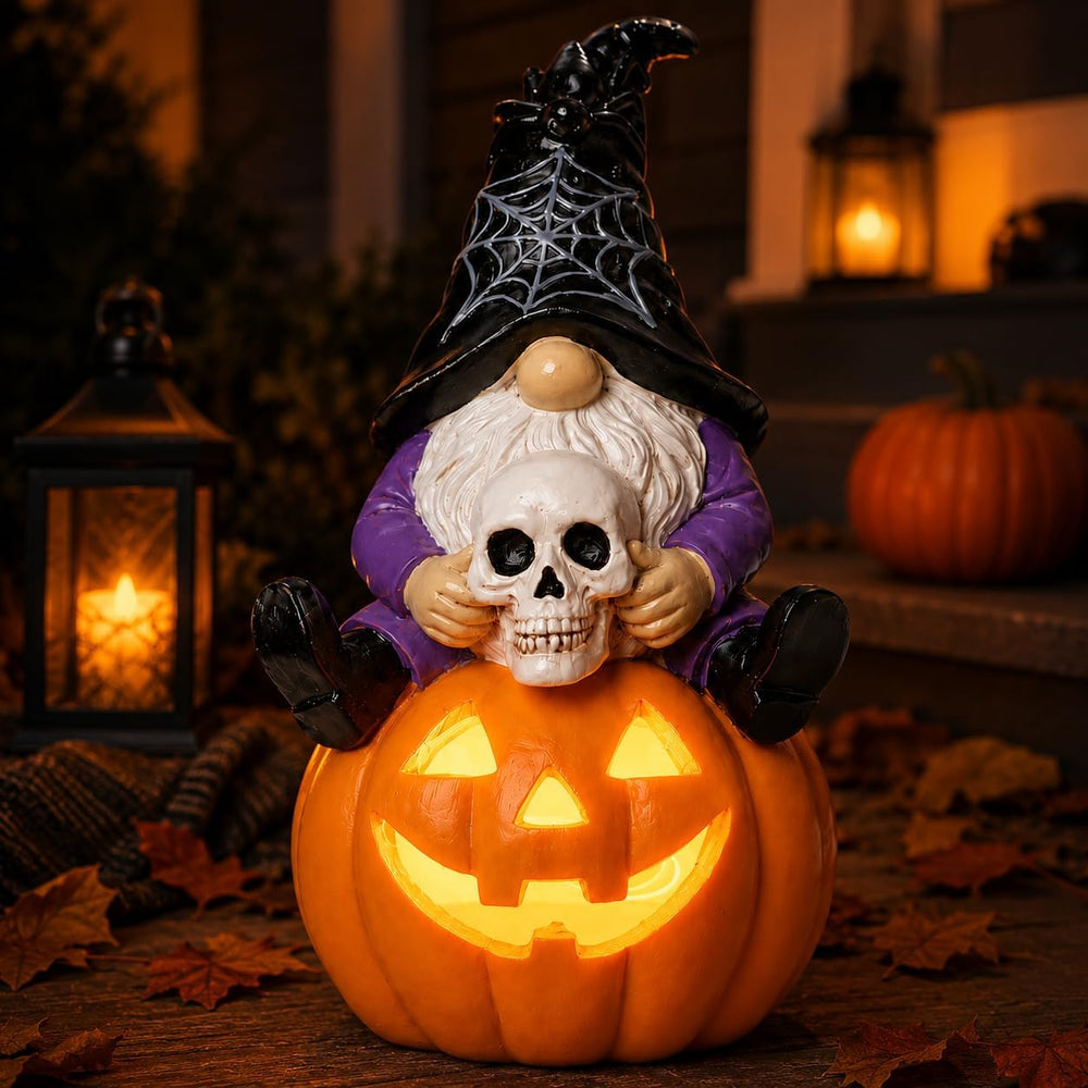 Solar Halloween Gnome Statue Outdoor Decor Lighted Pumpkin Garden Figurine