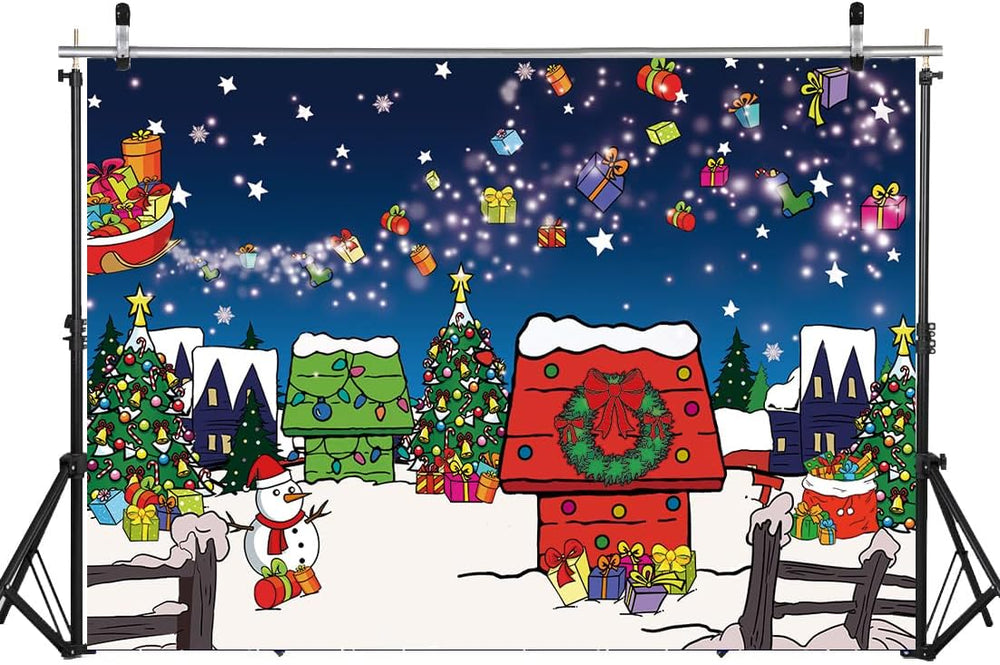 Christmas Red House Backdrop 10x8FT Comic Winter Xmas Tree Snow Night Kennel ...