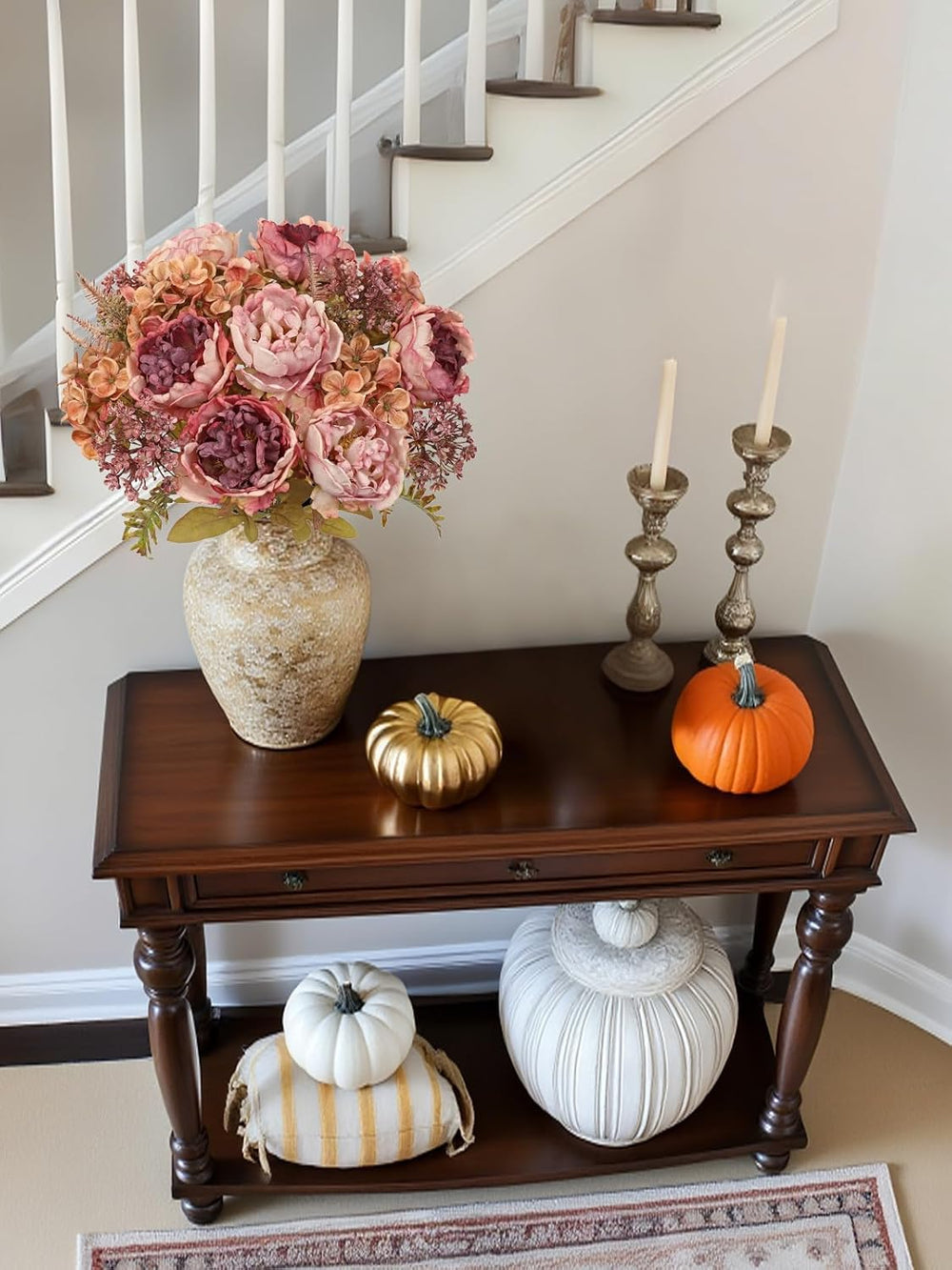 Hollyone 2Pcs Artificial Fall Flowers Bouquet 18.8" Pink Dried Peony Hyd...