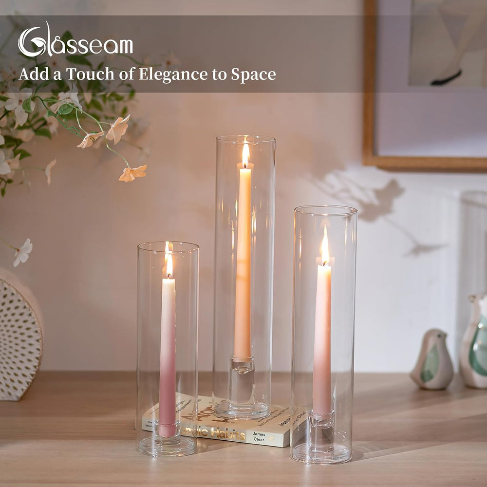 Glasseam Hurricane Taper Candle Holders: 3 Pcs Glass Candlestick for Table